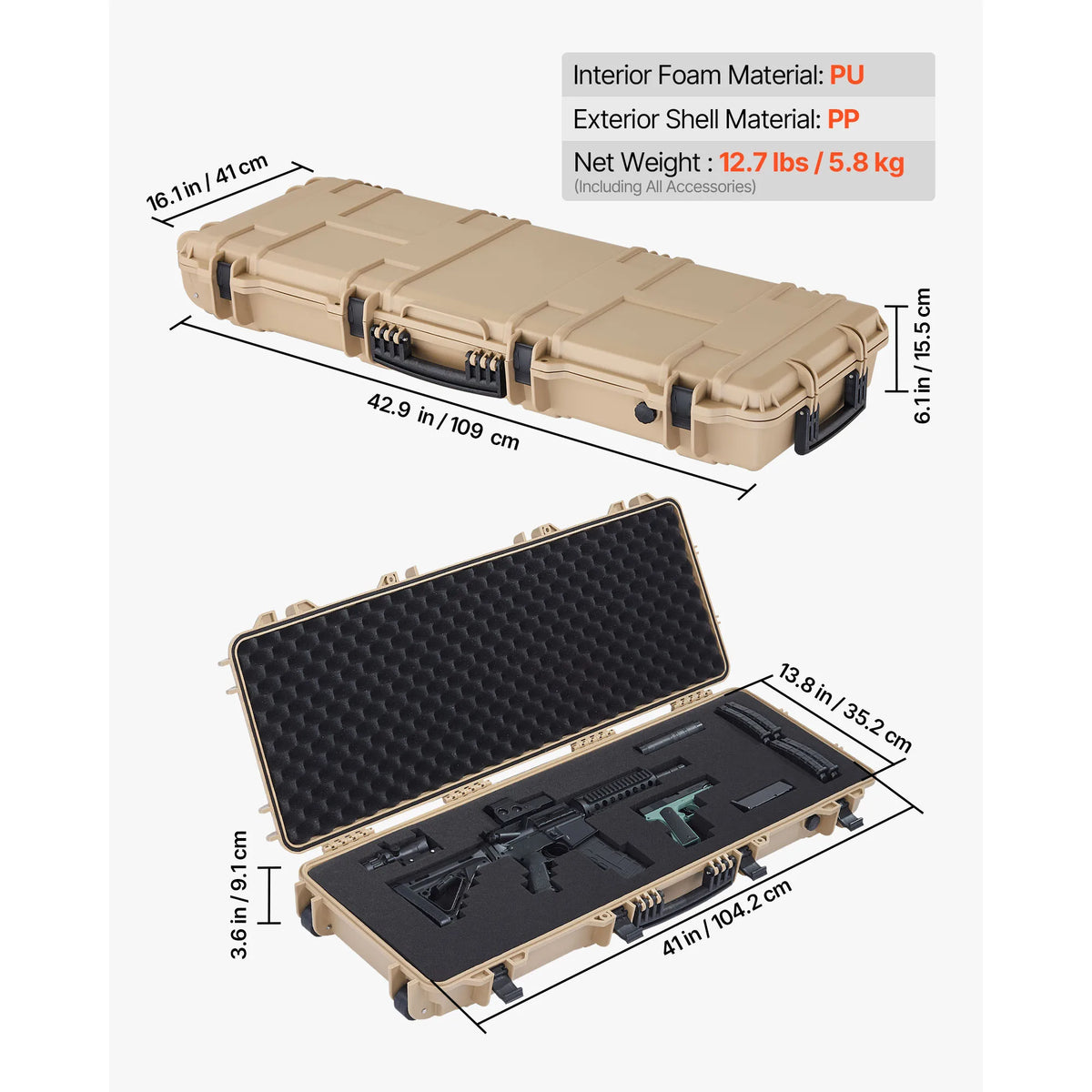 SucceBuy Waterproof Lockable Rifle Case With Foam And Wheels