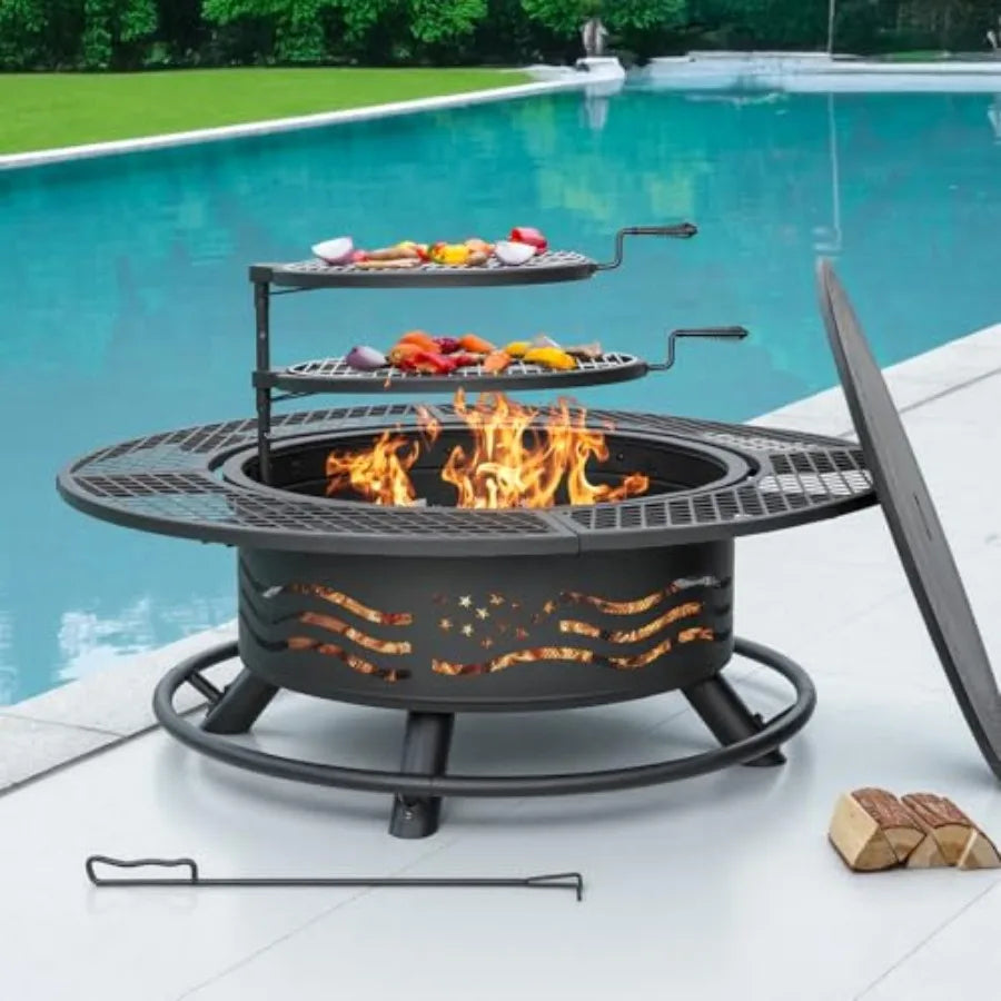 Stainless Steel Outdoor Fire Pit With Cooking Grates And Lid