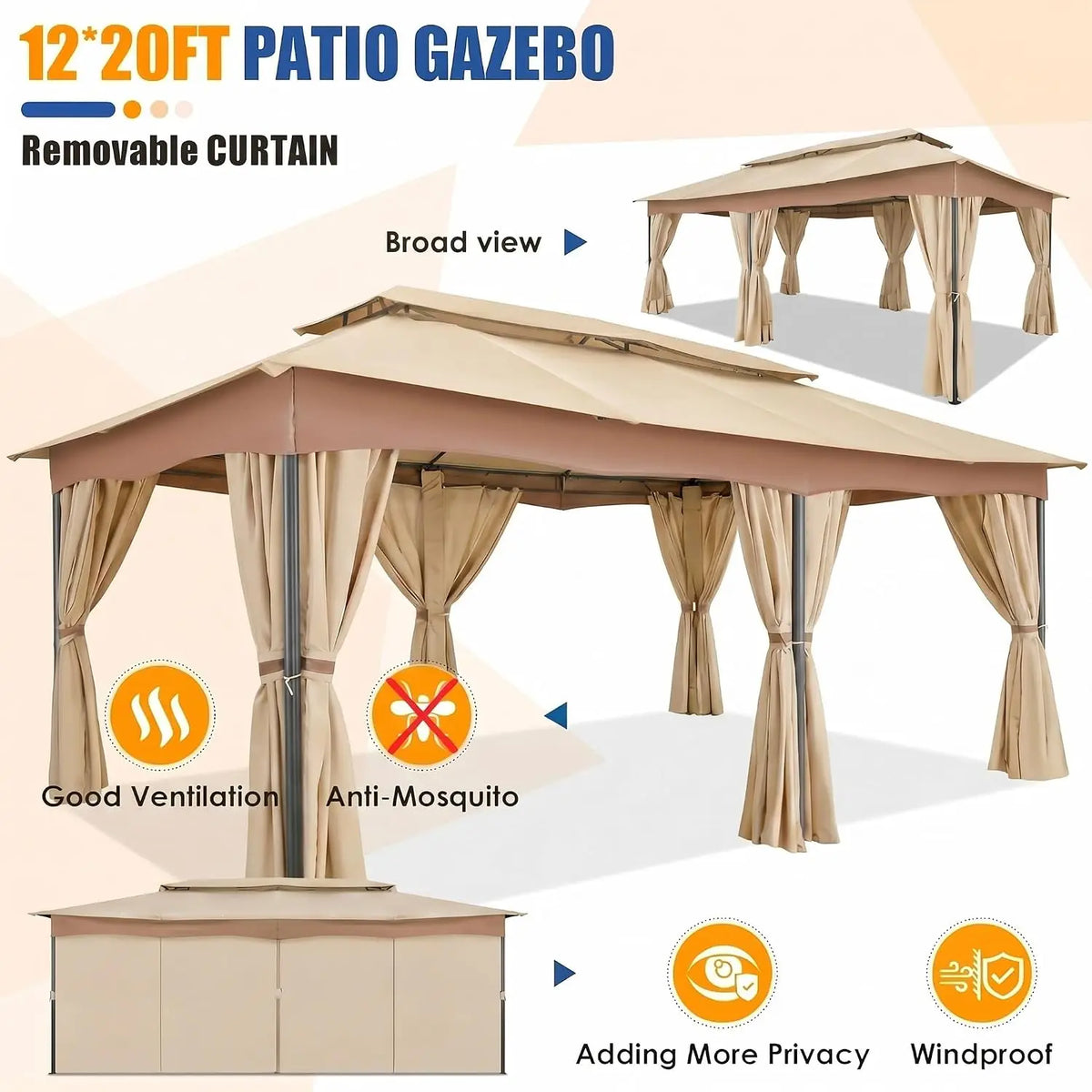 Tooluck Outdoor Gazebo With Curtains And Ventilated Double Roof