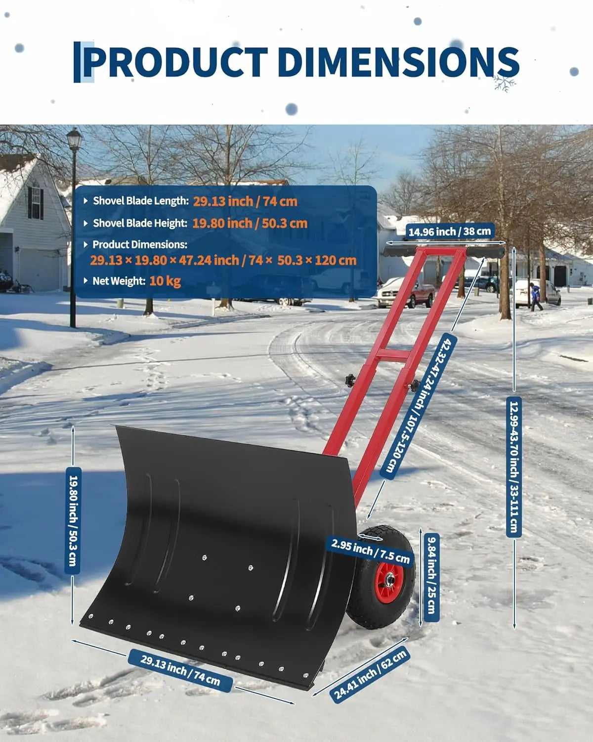 HiMISS Heavy Duty Wheeled Snow Shovel With Adjustable Handle