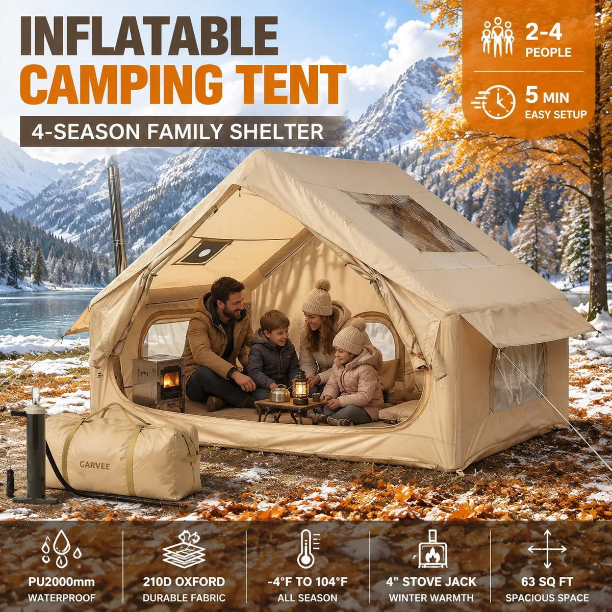 Inflatable Waterproof Family Camping Tent With Stove Jack and Skylight