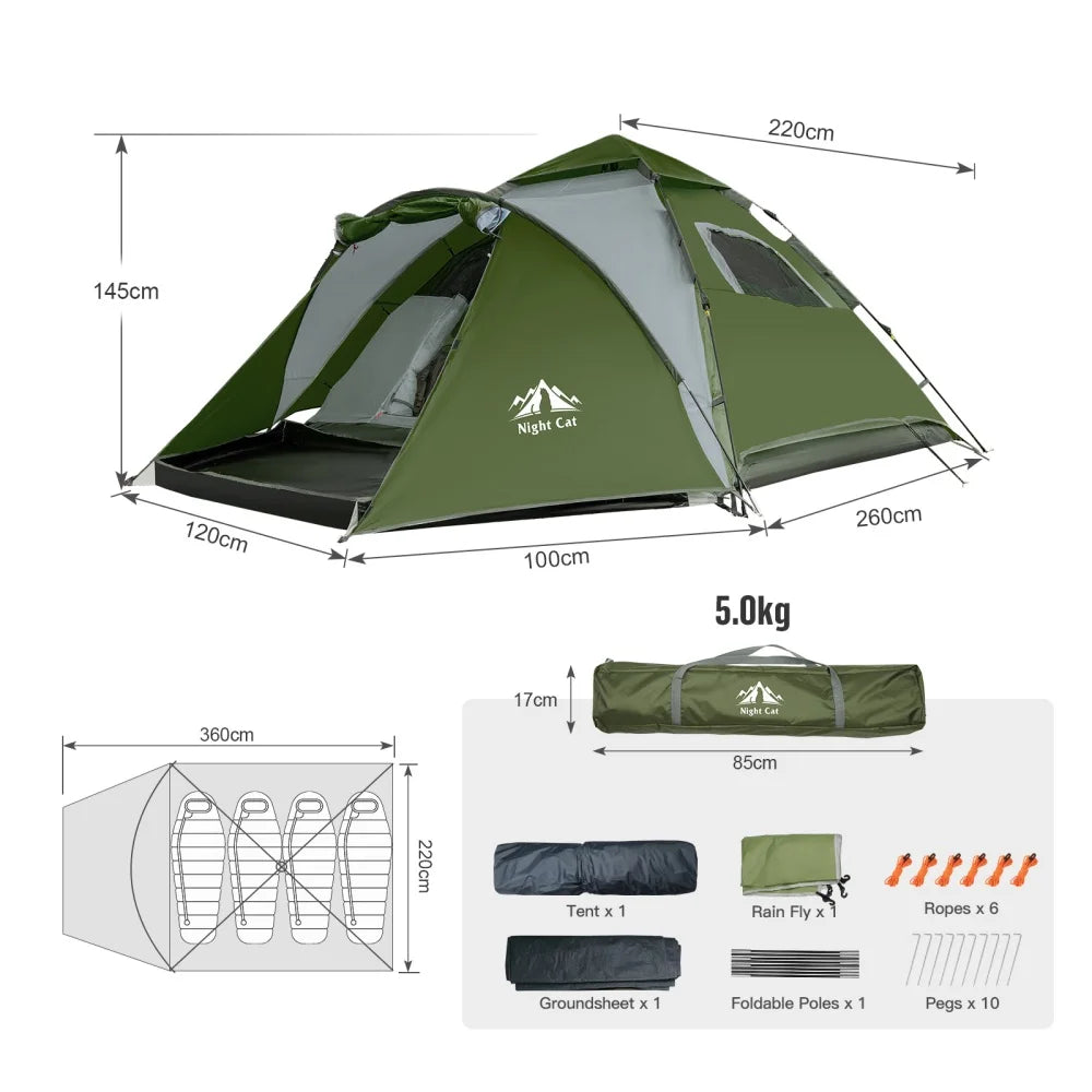 Night Cat Instant Pop Up Camping Tent With Waterproof Rainfly