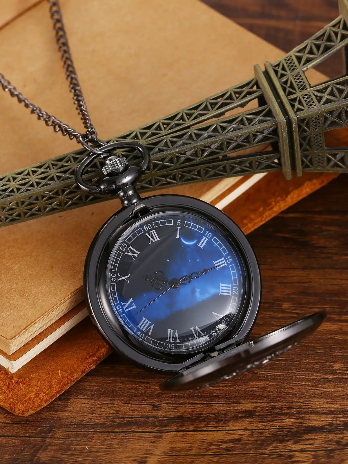 Starry Sky Blue Dial Pendant Bronze Hollow Quartz Pocket Watch, Vintage Wrist Watch With Roman Numerals