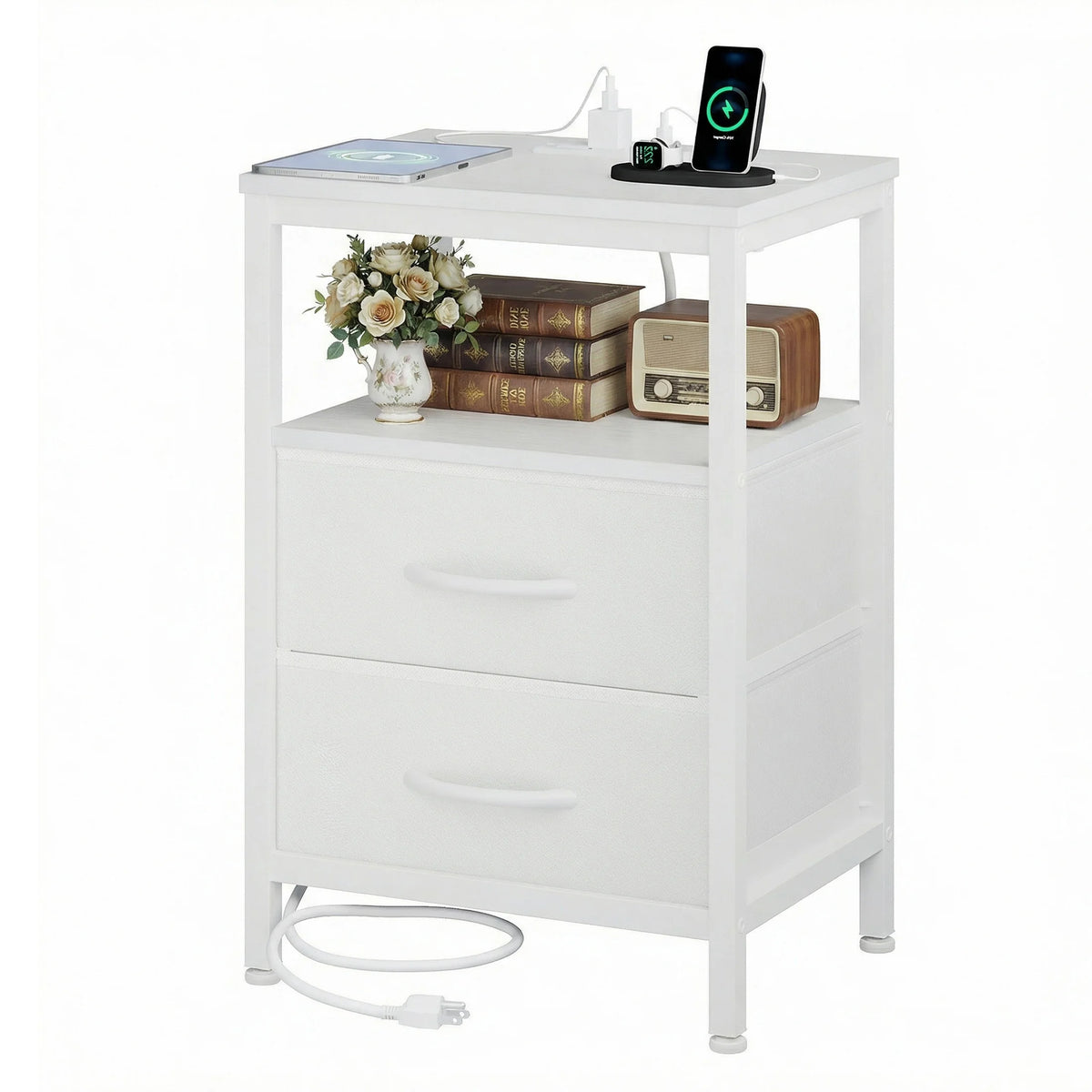 JHK Nightstand With Fabric Drawers Open Shelf USB Charging Station