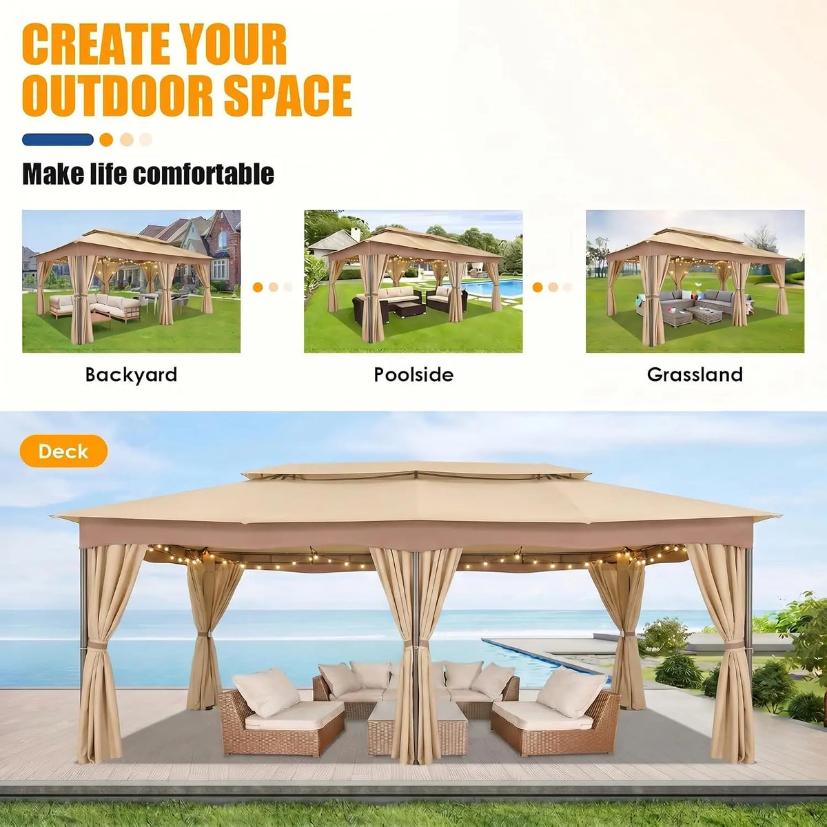 Tooluck Outdoor Gazebo With Curtains And Ventilated Double Roof