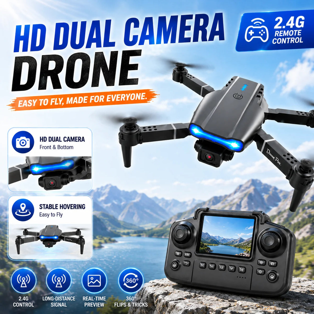 ZNLYRION RC Drone with Screen Remote Control 4K Dual Camera Optical Flow Positioning Obstacle Avoidance Foldable FPV WIFI APP Control One Key Return 360° Flip Quadcopter Toy for Beginners