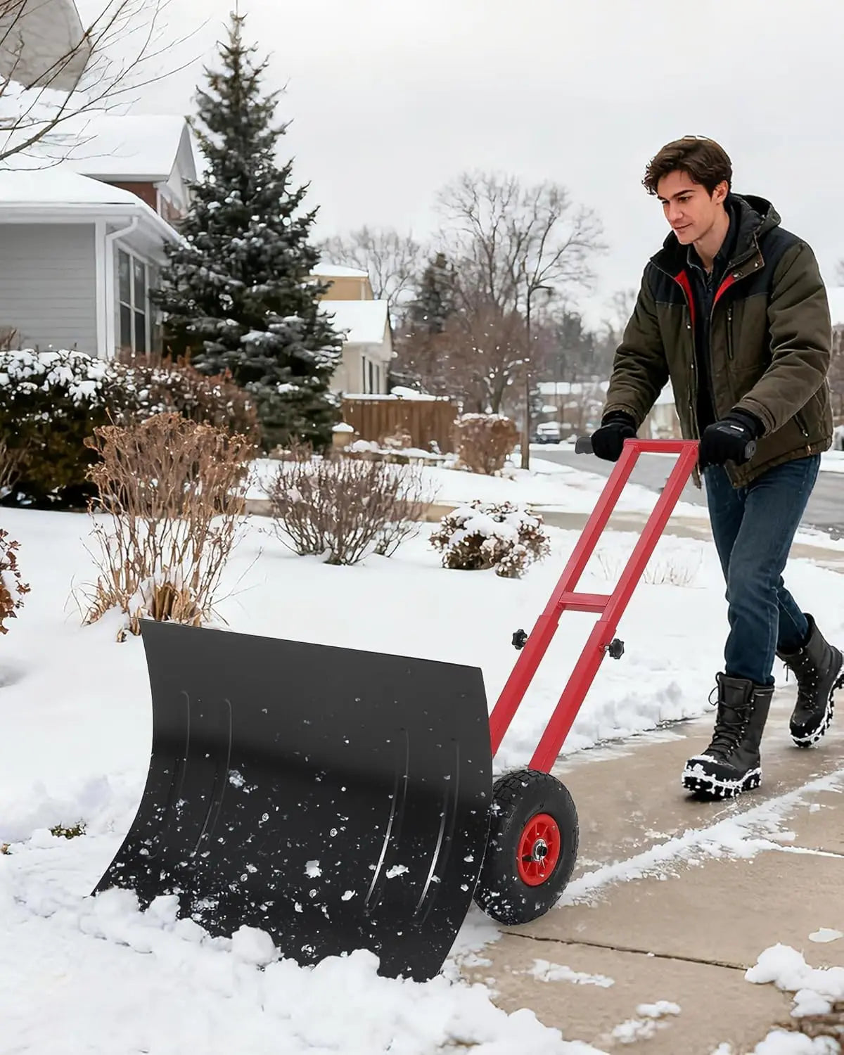 HiMISS Heavy Duty Wheeled Snow Shovel With Adjustable Handle