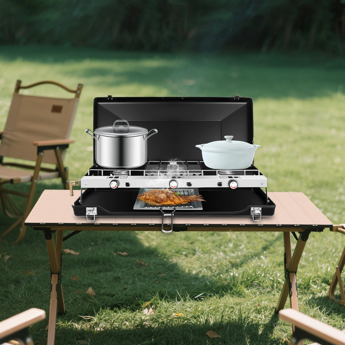 Foldable Three Burner Camping Stove With Piezo Ignition And Windscreen Lid