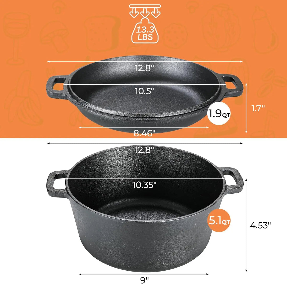 Pre-Seasoned Cast Iron Double Dutch Oven With Loop Handles