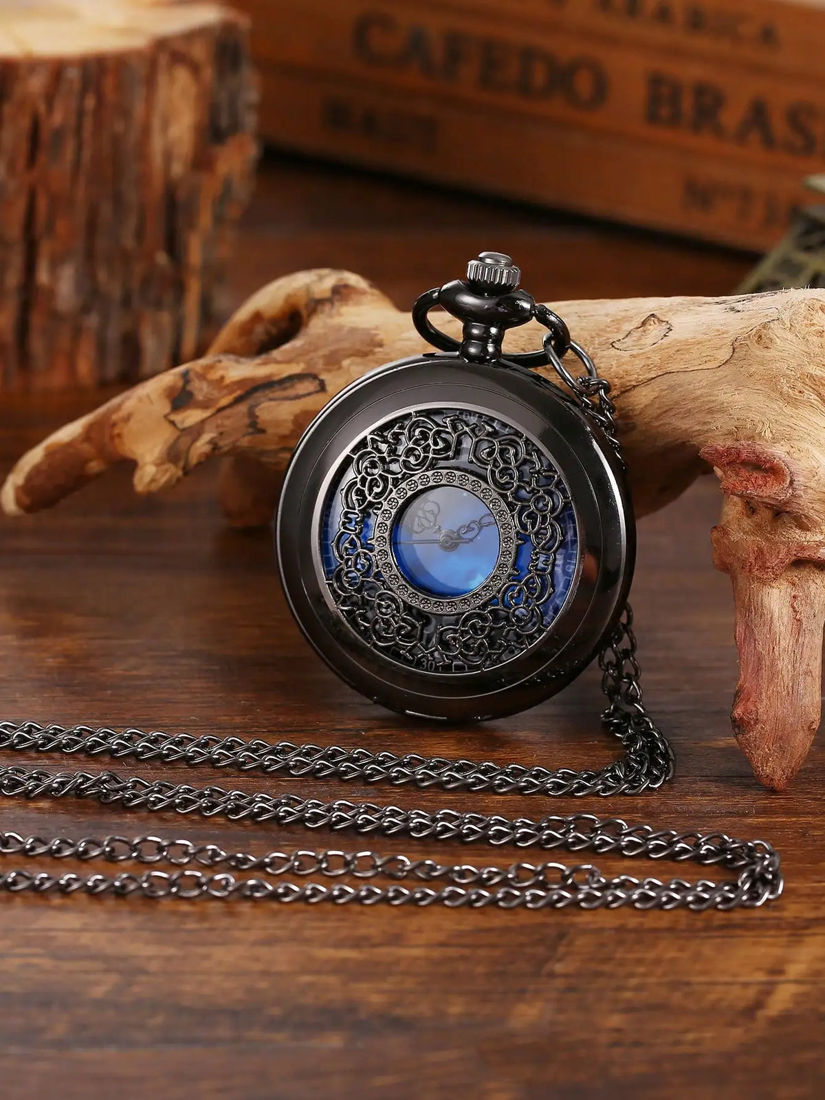 Starry Sky Blue Dial Pendant Bronze Hollow Quartz Pocket Watch, Vintage Wrist Watch With Roman Numerals