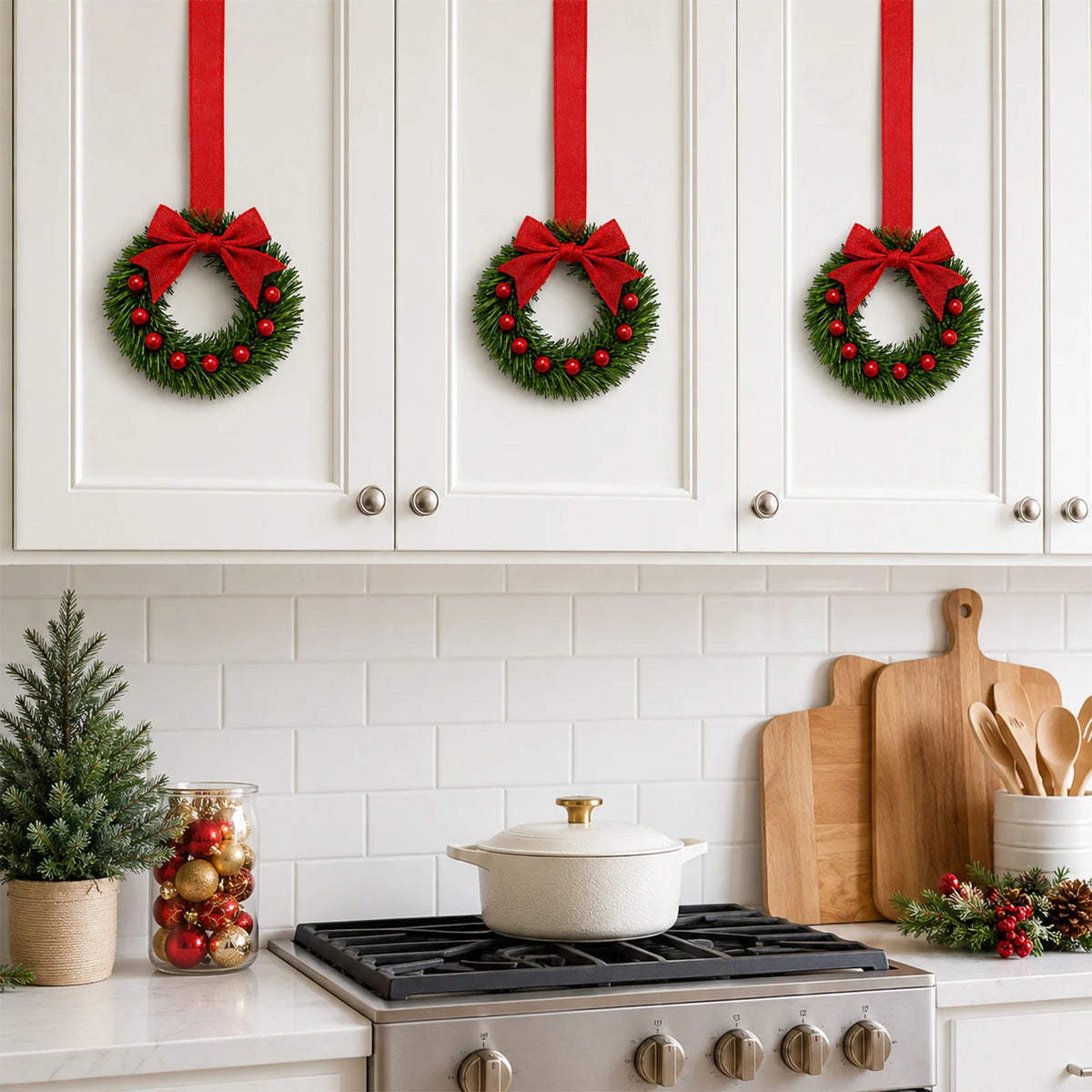 HiMISS Mini Christmas Wreaths With Bows For Cabinet Holiday Decor