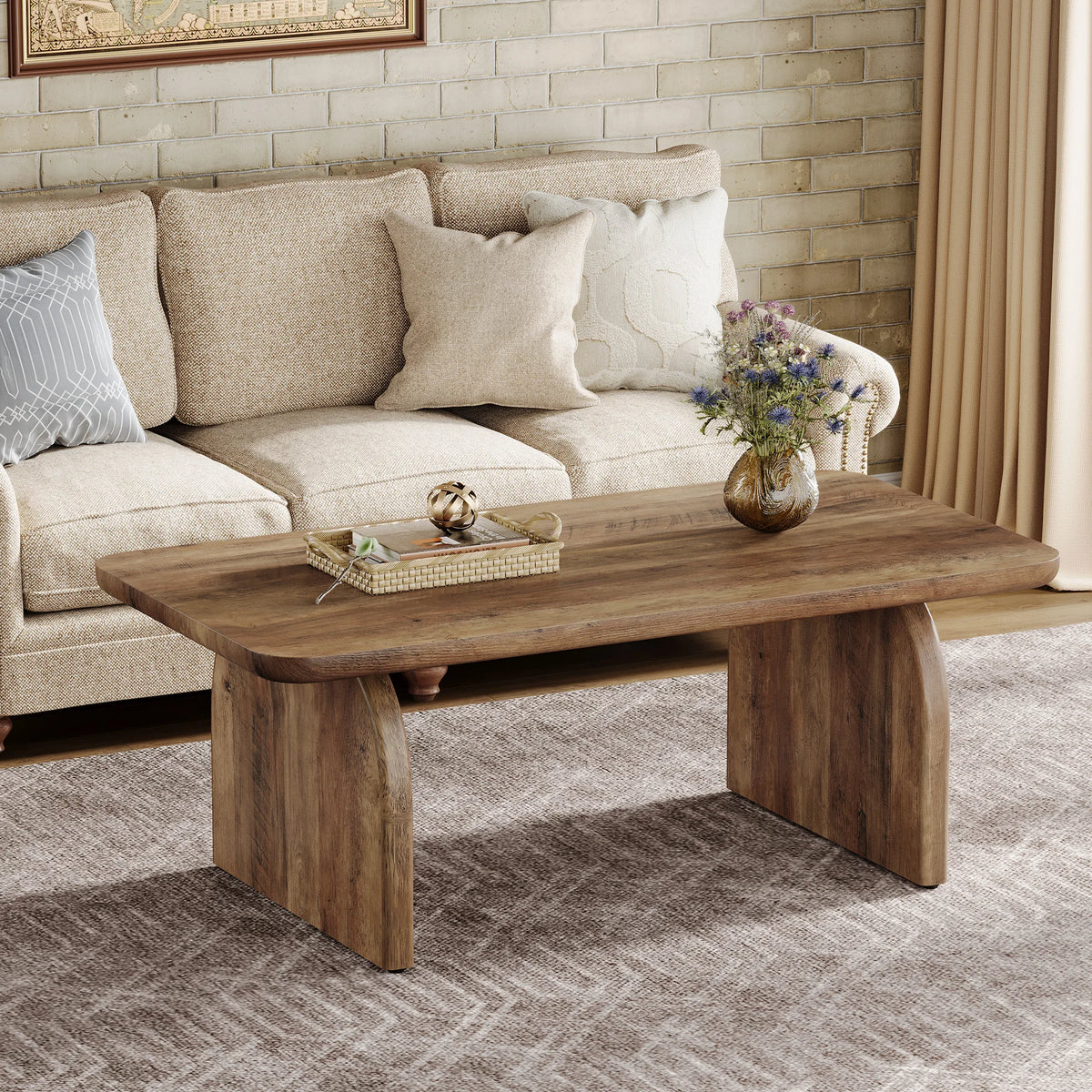 Tribesigns Farmhouse Rectangular Coffee Table with Sturdy Engineered Wood Base