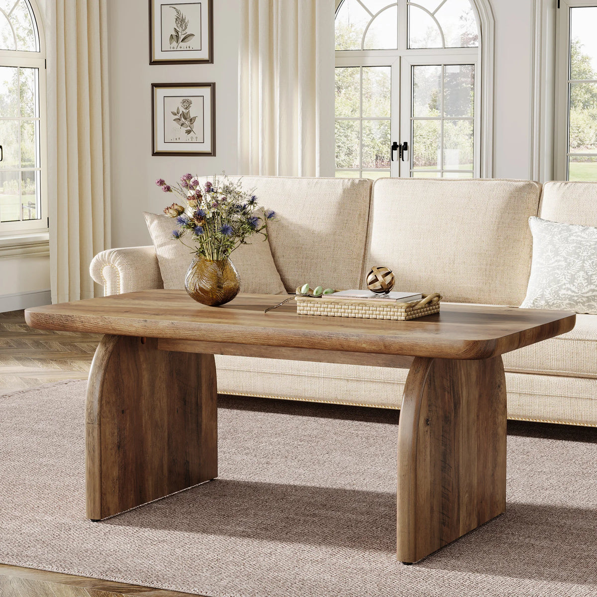 Tribesigns Farmhouse Rectangular Coffee Table with Sturdy Engineered Wood Base