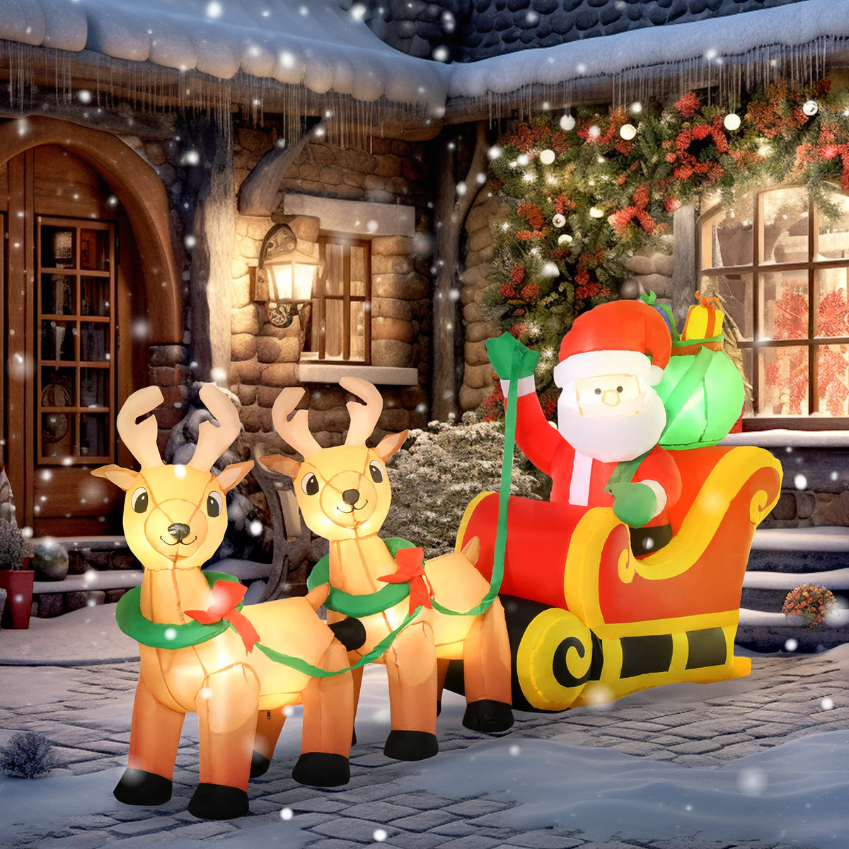 HOMCOM Outdoor Inflatable Santa Sleigh And Reindeer With LED Lights