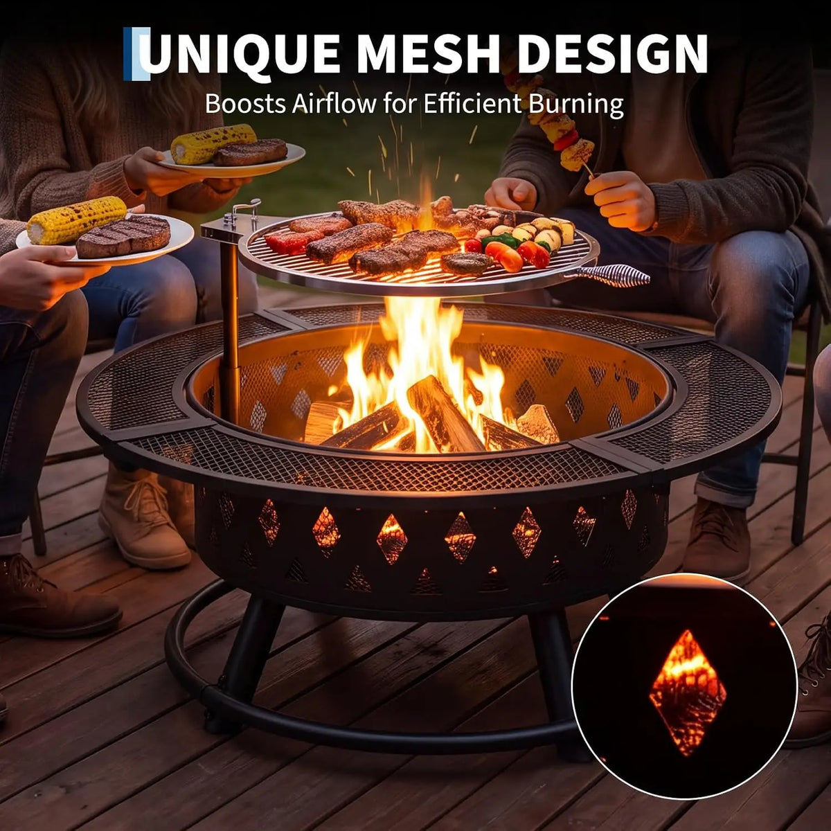 Tacleekii 39 Inch Fire Pit with Grill, Wood Burning for Outside Fireplace Round Metal Firepit Table 3 in 1 Use for Patio, Picnic, Party,BBQ, Backyard,Camping