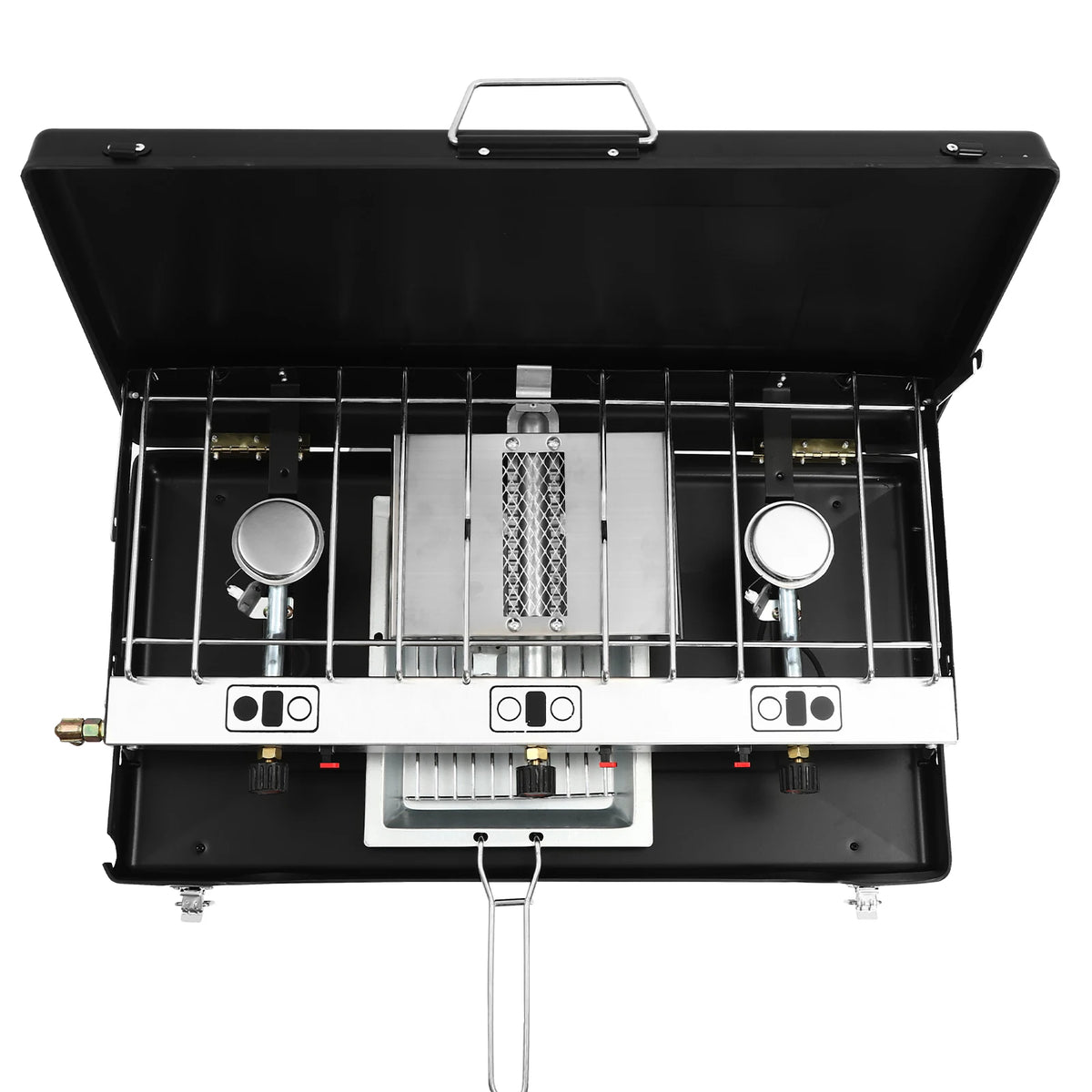 Foldable Three Burner Camping Stove With Piezo Ignition And Windscreen Lid