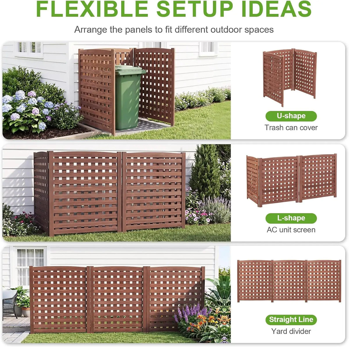 3-Panel Outdoor Air Conditioner Fence Screen, Outside Wood Privacy Fence, Trash Can Fence Screen for Backyard Garden Patio 32" W x 38" H