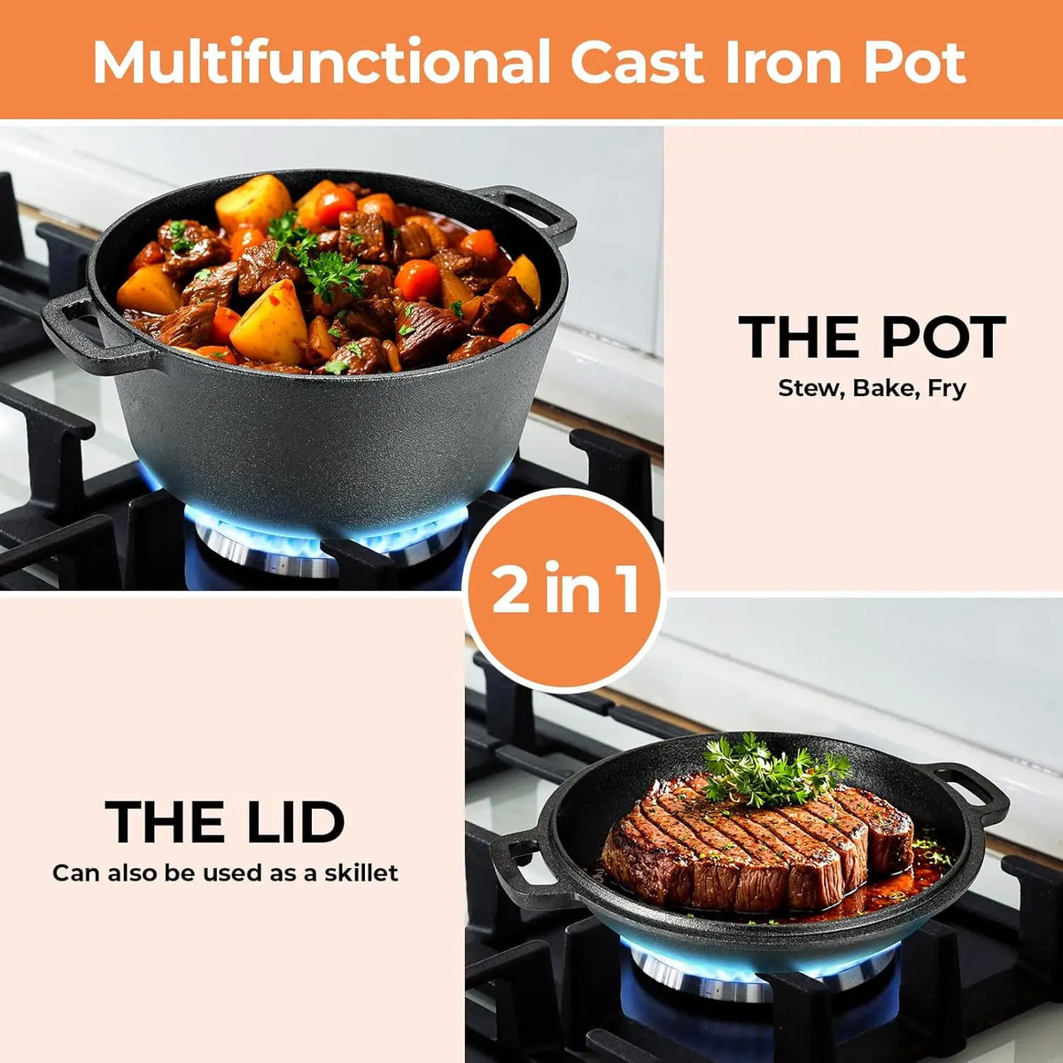 Pre-Seasoned Cast Iron Double Dutch Oven With Loop Handles
