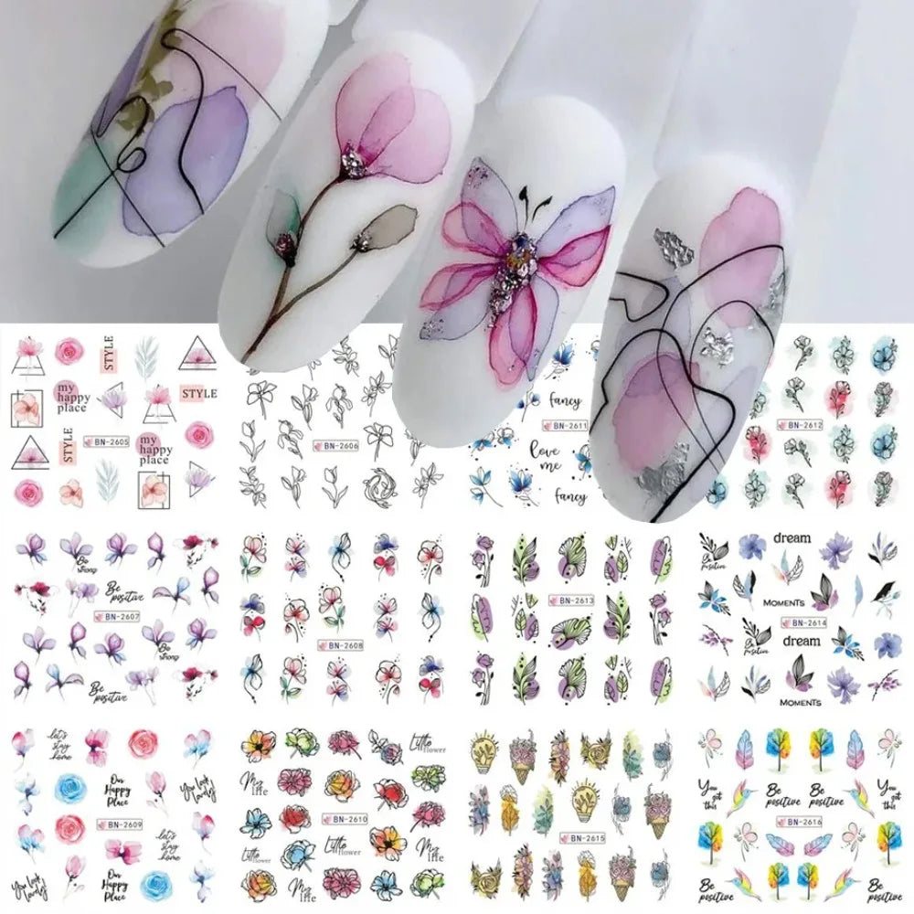 Ink Flower Nail Art Stickers With Blooming Floral Decal Designs