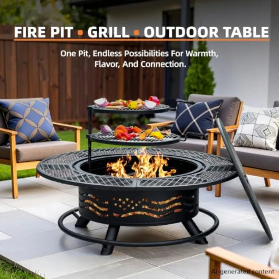 Stainless Steel Outdoor Fire Pit With Cooking Grates And Lid