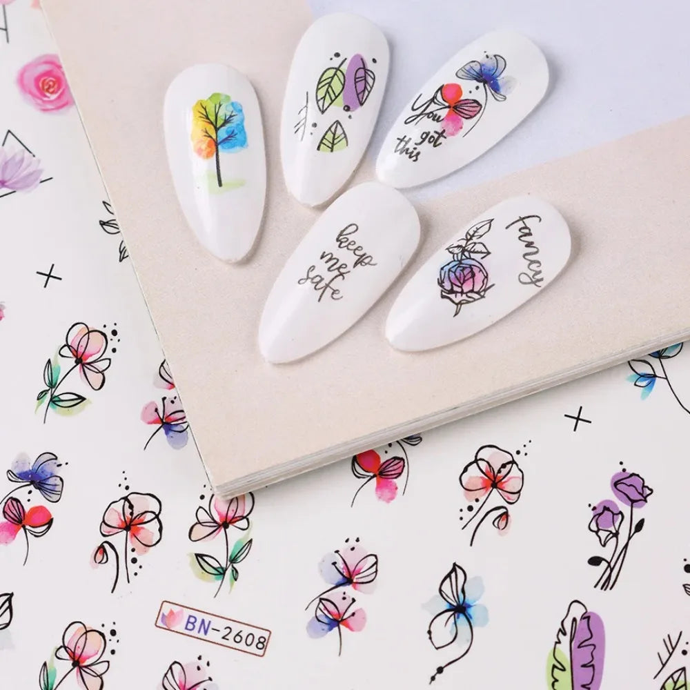 Ink Flower Nail Art Stickers With Blooming Floral Decal Designs