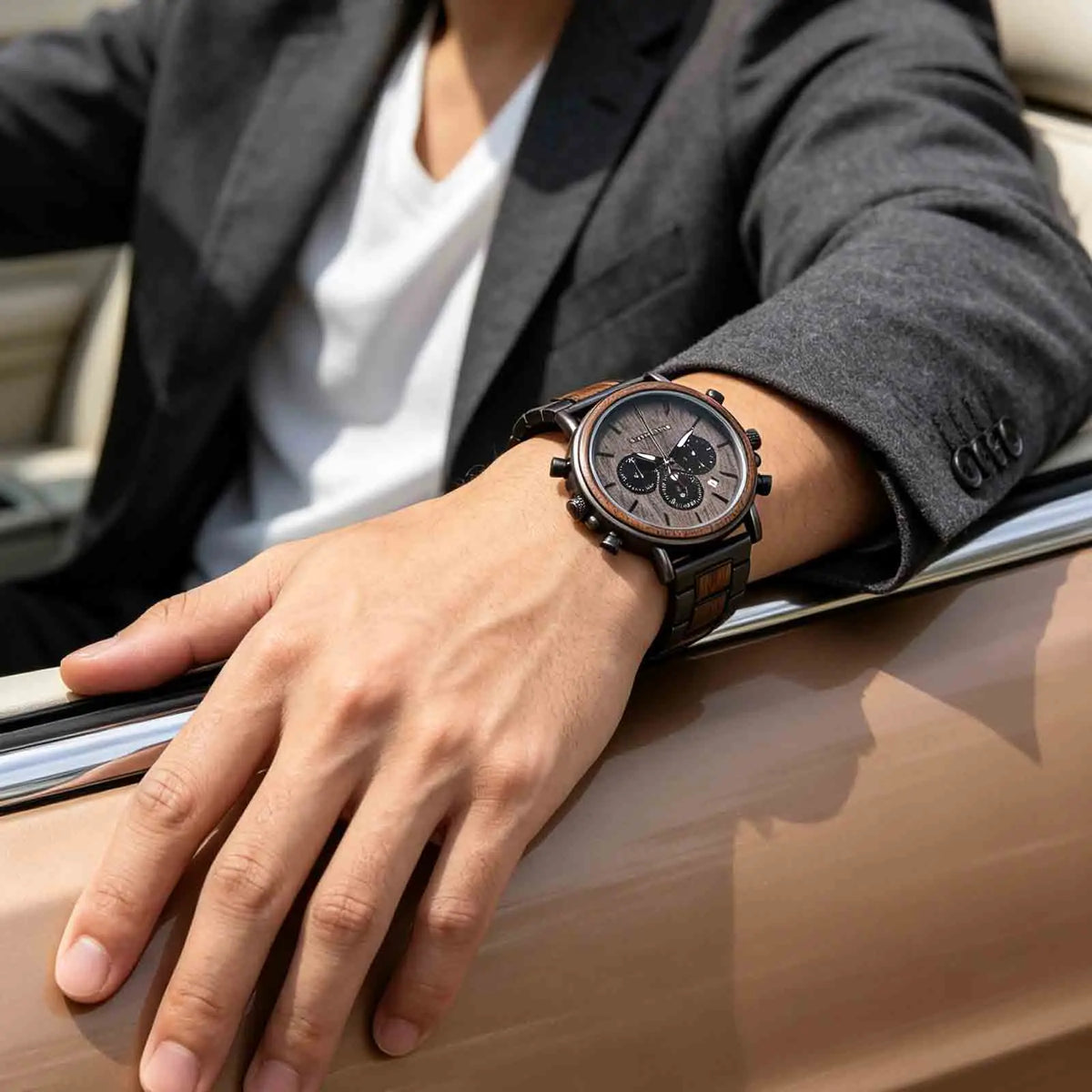 Emibele Wooden Watch for Men, Date Display Chronograph Quartz Wrist Watch, 3 Sub-dials Handmade Light Weight Luminous Watch