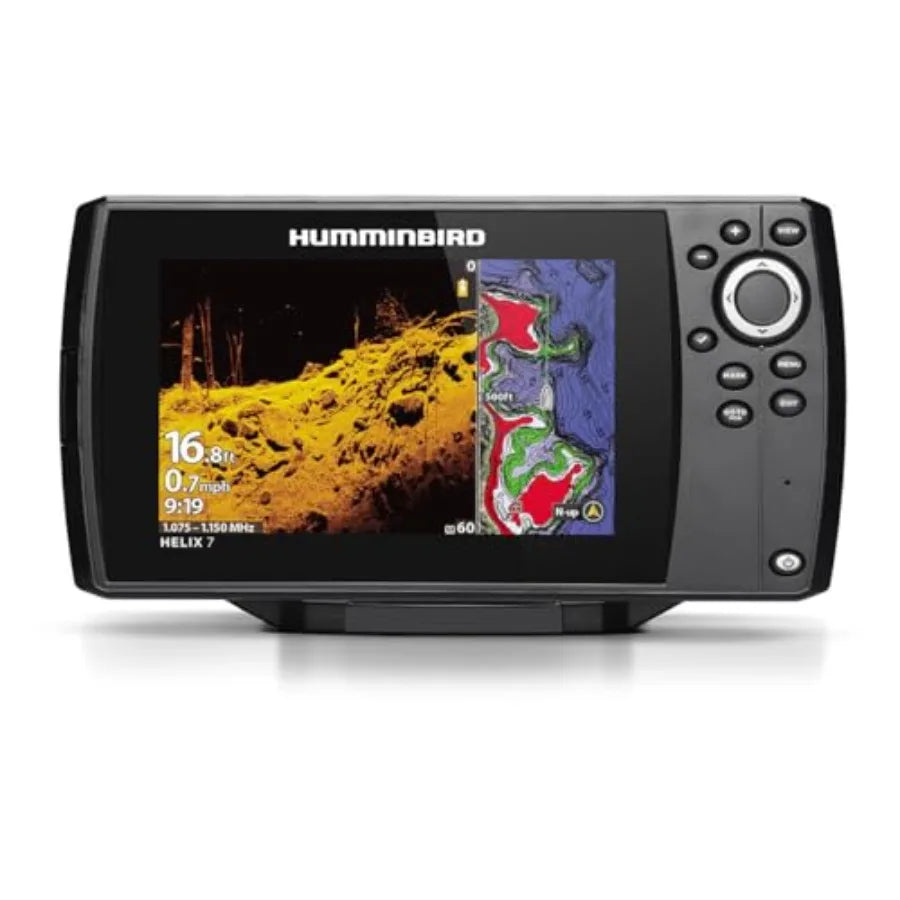 Helix 7 Chirp MDI GPS G4 Fish Finder for marine navigation, rugged plastic housing, black-gray finish, high-resolution sonar wi