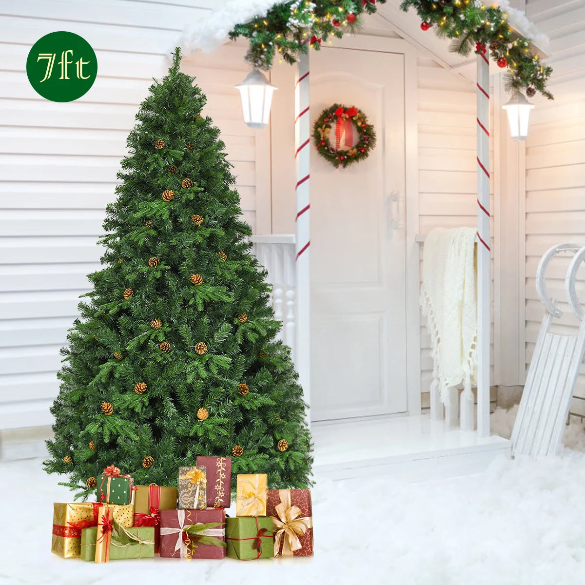 Lifezeal Pre Lit Artificial Christmas Tree Premium Spruce Hinged Design