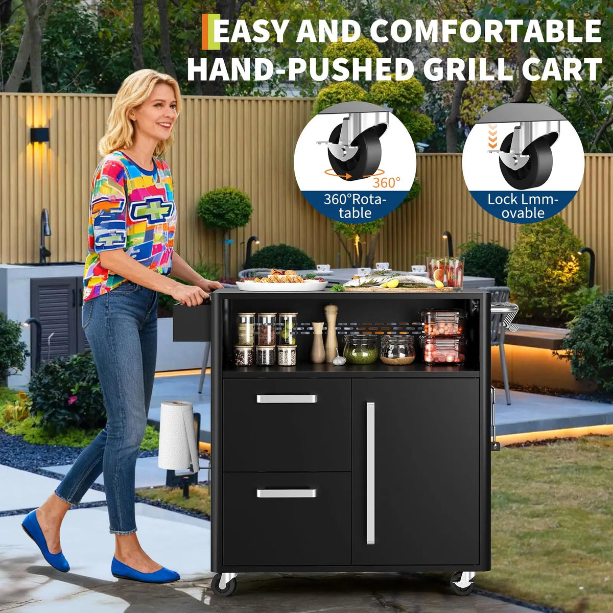 HiMISS Outdoor Grill Cart With Stainless Steel Prep Table