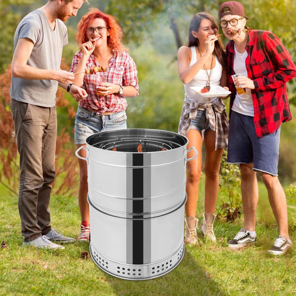 Portable Stainless Steel Hanging Charcoal Grill With Rotating Skewers