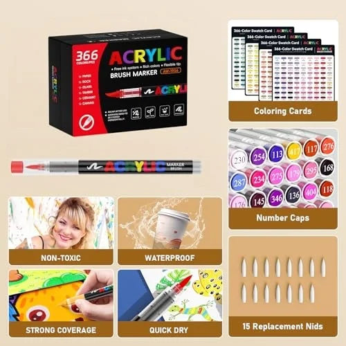 366 Colors Straight Liquid Acrylic Art Markers, Vivid Pigment, Paint Pens for Students, Artists & Hand-Painting Projects