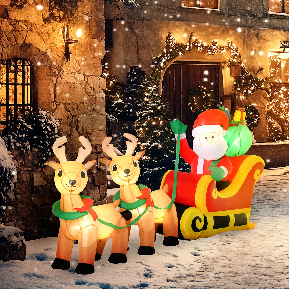 HOMCOM Outdoor Inflatable Santa Sleigh And Reindeer With LED Lights