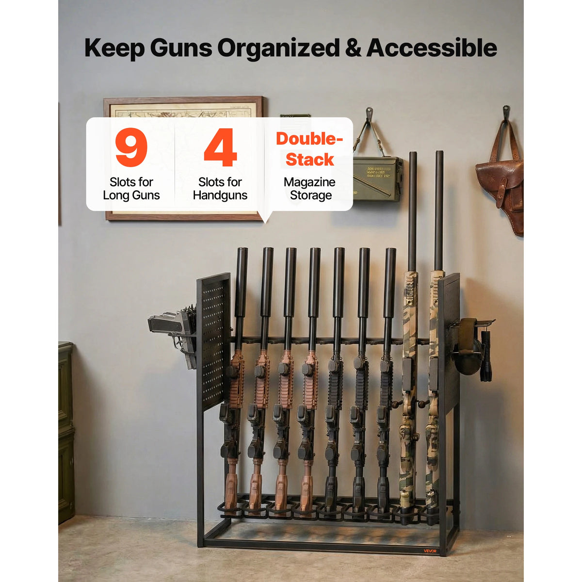 Gun Rack, Floor Standing, Indoor Heavy Duty Steel Rifle Shotgun Rack Stand, Freestanding Gun Display Storage with Magazine Holder, Holds up to 9 Rifles and 4 Pistols, for Home Garage Storage