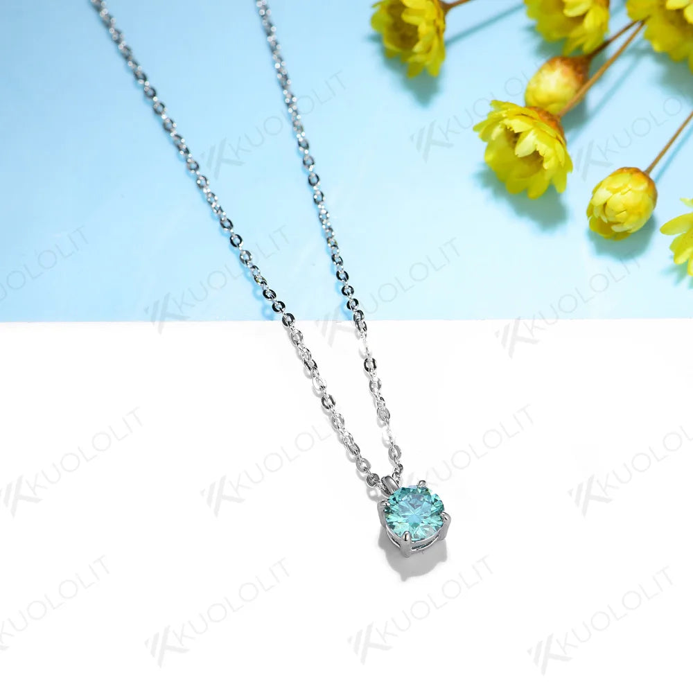 Kuololit US Stock 0.5CT Cyan Moissanite Necklace for Women 925 Sliver Sterling White Gold for Anniversary Engagement Christmas Gifts