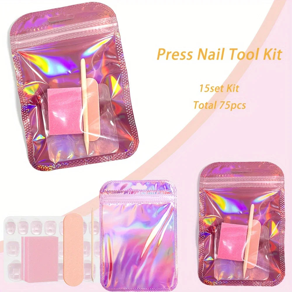 15Set Press On Nail Tool Prep Kit, 75pcs Disposable Manicure Kit with Nail File, Buffer, Adhesive Nail Tabs, Wood Stick, Hologra foil nail art nail art stickers nail wraps nail art stickers nail sticker