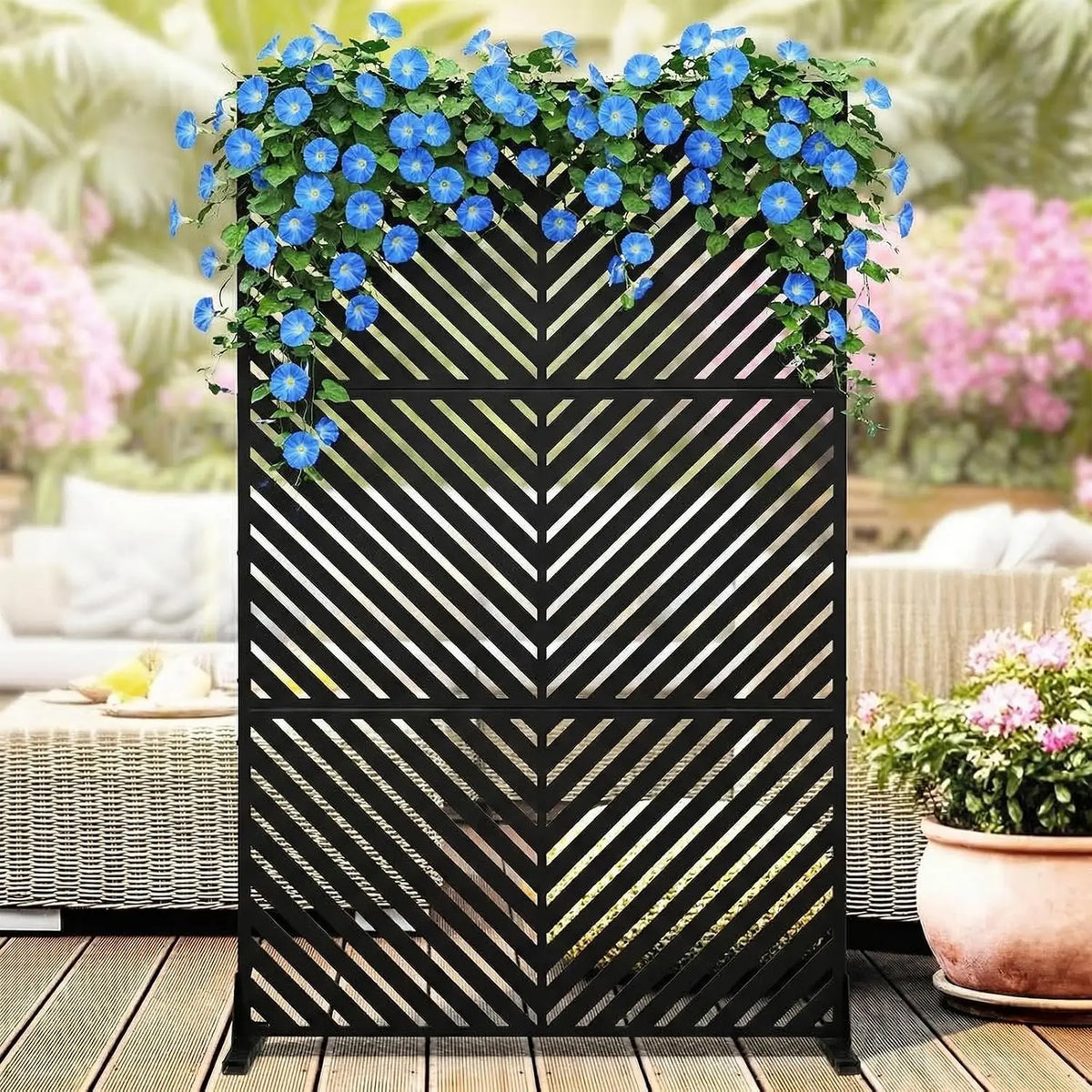Garden Metal Outdoor Privacy Screen, 78" h×48" w Freestanding Outdoor Room Divider Decorative Laser Cut Fence Panel, Weatherproof Patio Privacy Fence for Garden Balcony Backyard Landscape
