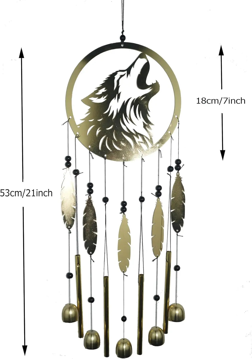 Wolf Dream Catcher Wind Chimes for Outside, Gold Metal Howling Wolf Windchimes with Bells & Feathers, Gift for Wolf Lovers Chimes Wolves
