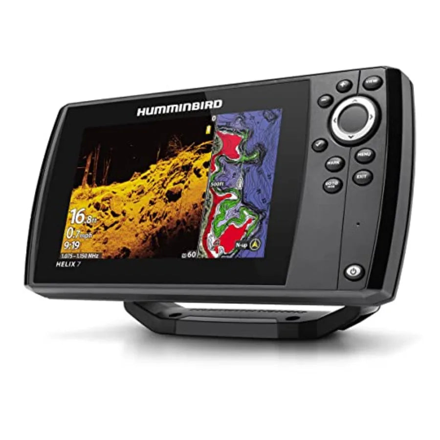 Helix 7 Chirp MDI GPS G4 Fish Finder for marine navigation, rugged plastic housing, black-gray finish, high-resolution sonar wi
