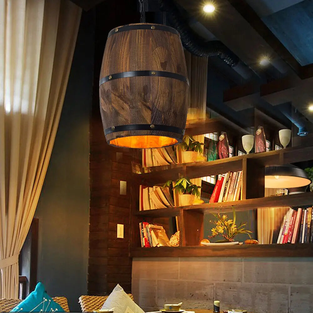 Vintage Wooden Wine Barrel Pendant Ceiling Lamp For Indoor Cafe