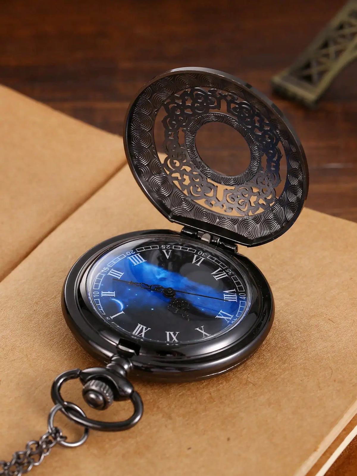 Starry Sky Blue Dial Pendant Bronze Hollow Quartz Pocket Watch, Vintage Wrist Watch With Roman Numerals
