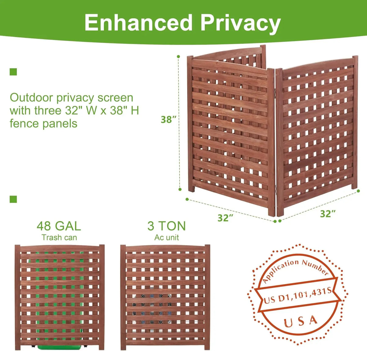3-Panel Outdoor Air Conditioner Fence Screen, Outside Wood Privacy Fence, Trash Can Fence Screen for Backyard Garden Patio 32" W x 38" H
