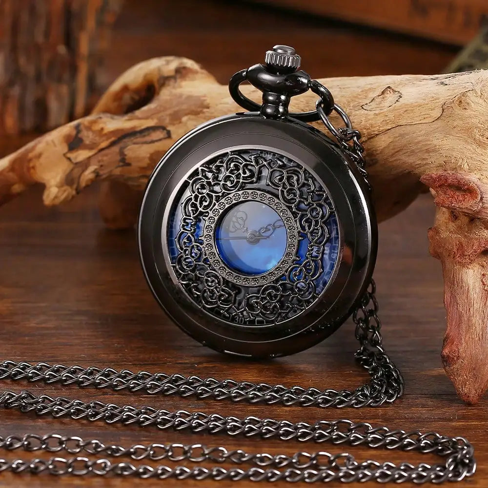 Starry Sky Blue Dial Pendant Bronze Hollow Quartz Pocket Watch, Vintage Wrist Watch With Roman Numerals