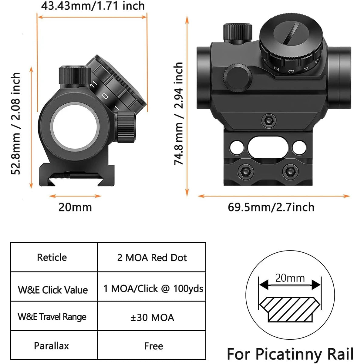 Lambul 2MOA Red Dot Sight Waterproof Shockproof Rifle Reflex Scope