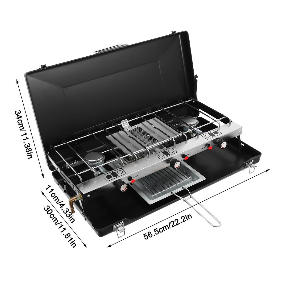 Foldable Three Burner Camping Stove With Piezo Ignition And Windscreen Lid