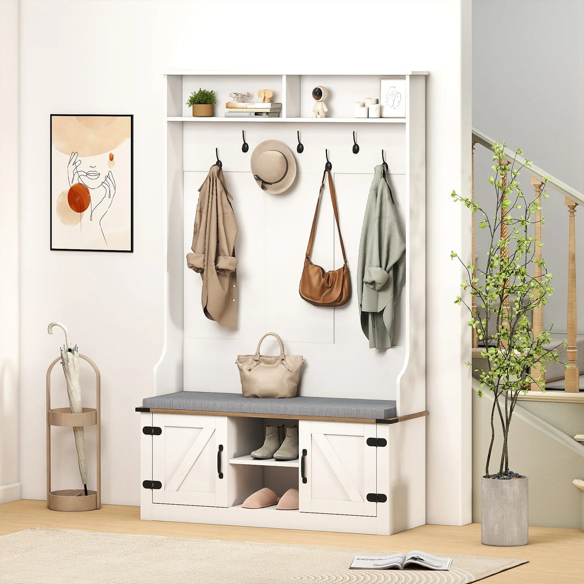 Homasis Four In One Wooden Hall Tree With Bench Storage