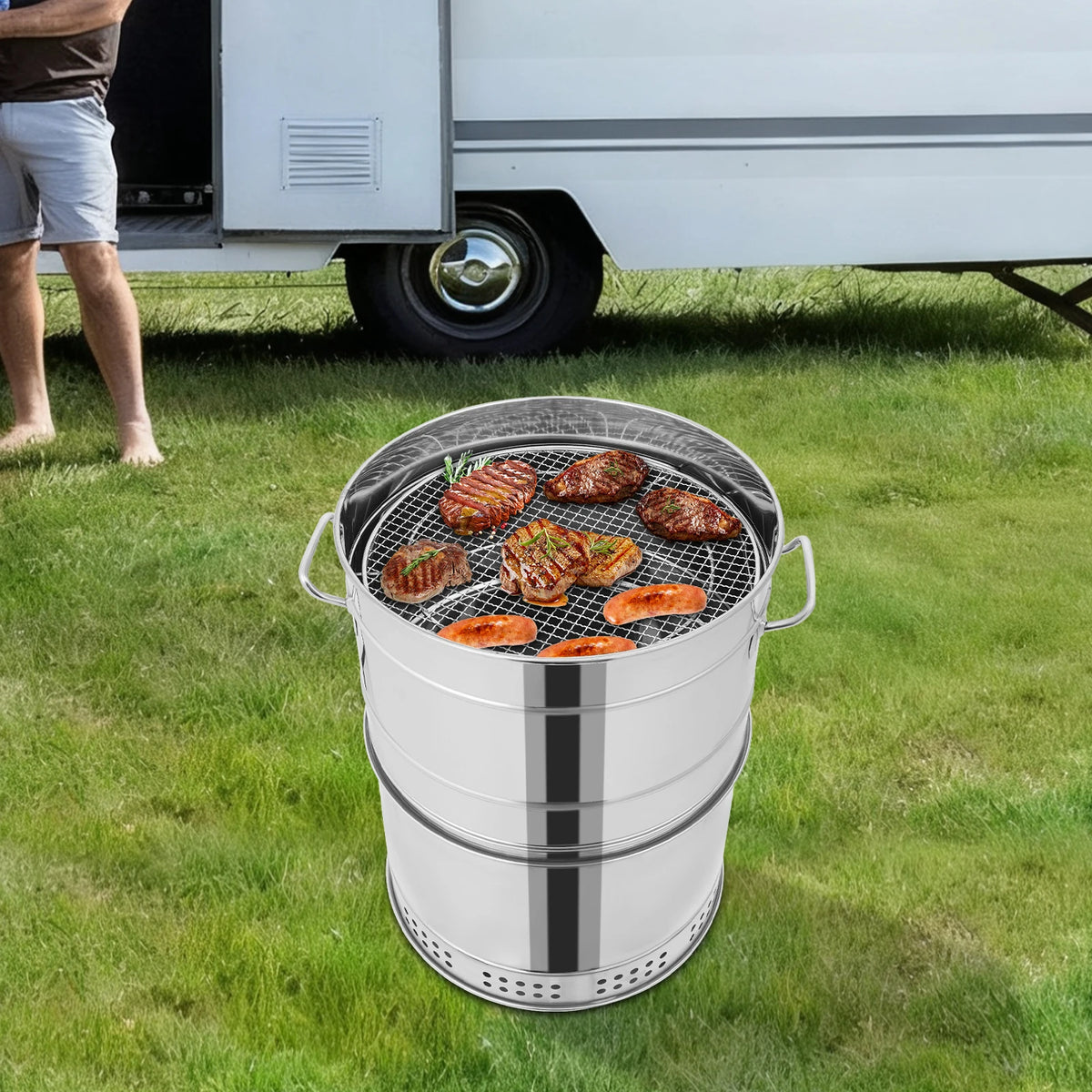 Portable Stainless Steel Hanging Charcoal Grill With Rotating Skewers