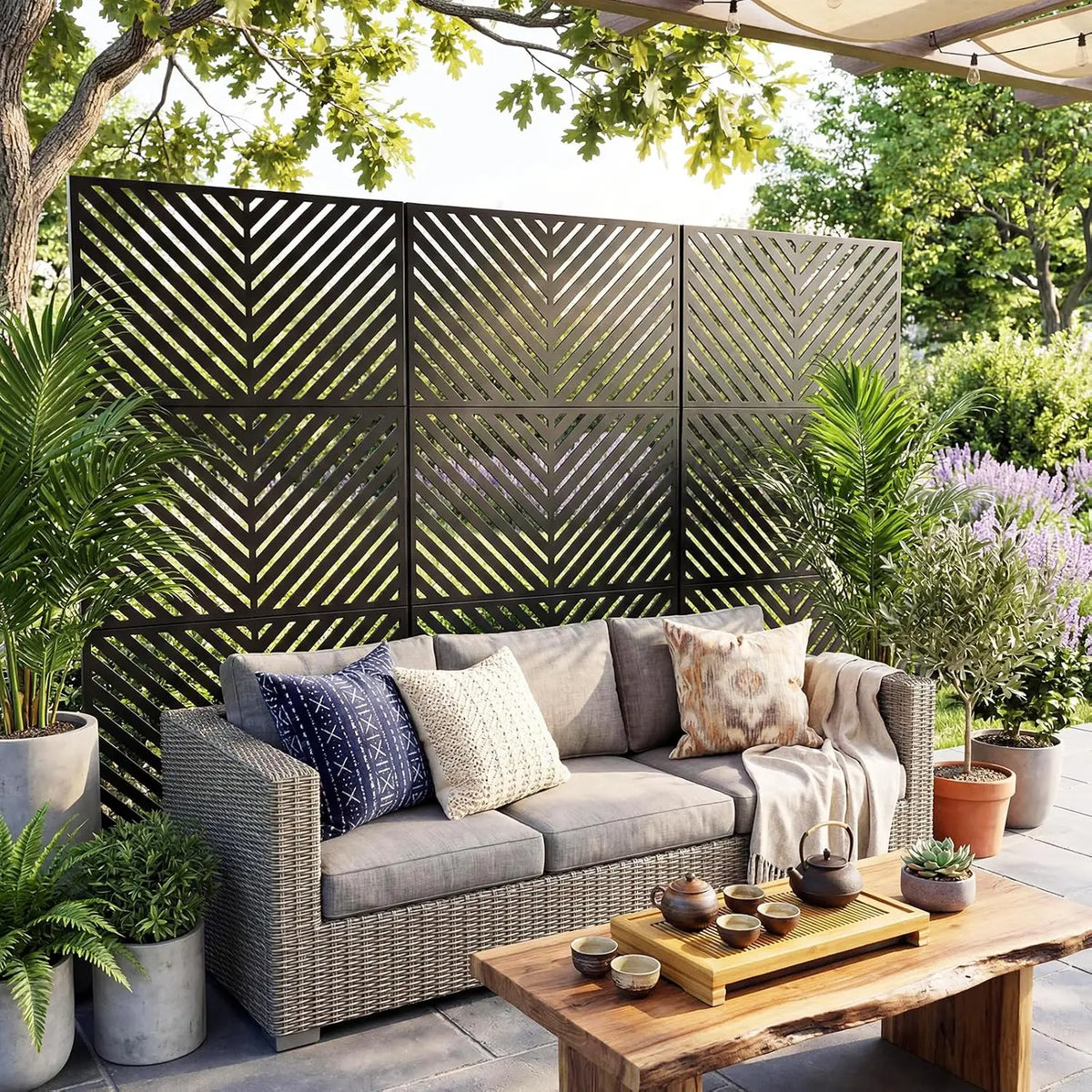 Garden Metal Outdoor Privacy Screen, 78" h×48" w Freestanding Outdoor Room Divider Decorative Laser Cut Fence Panel, Weatherproof Patio Privacy Fence for Garden Balcony Backyard Landscape