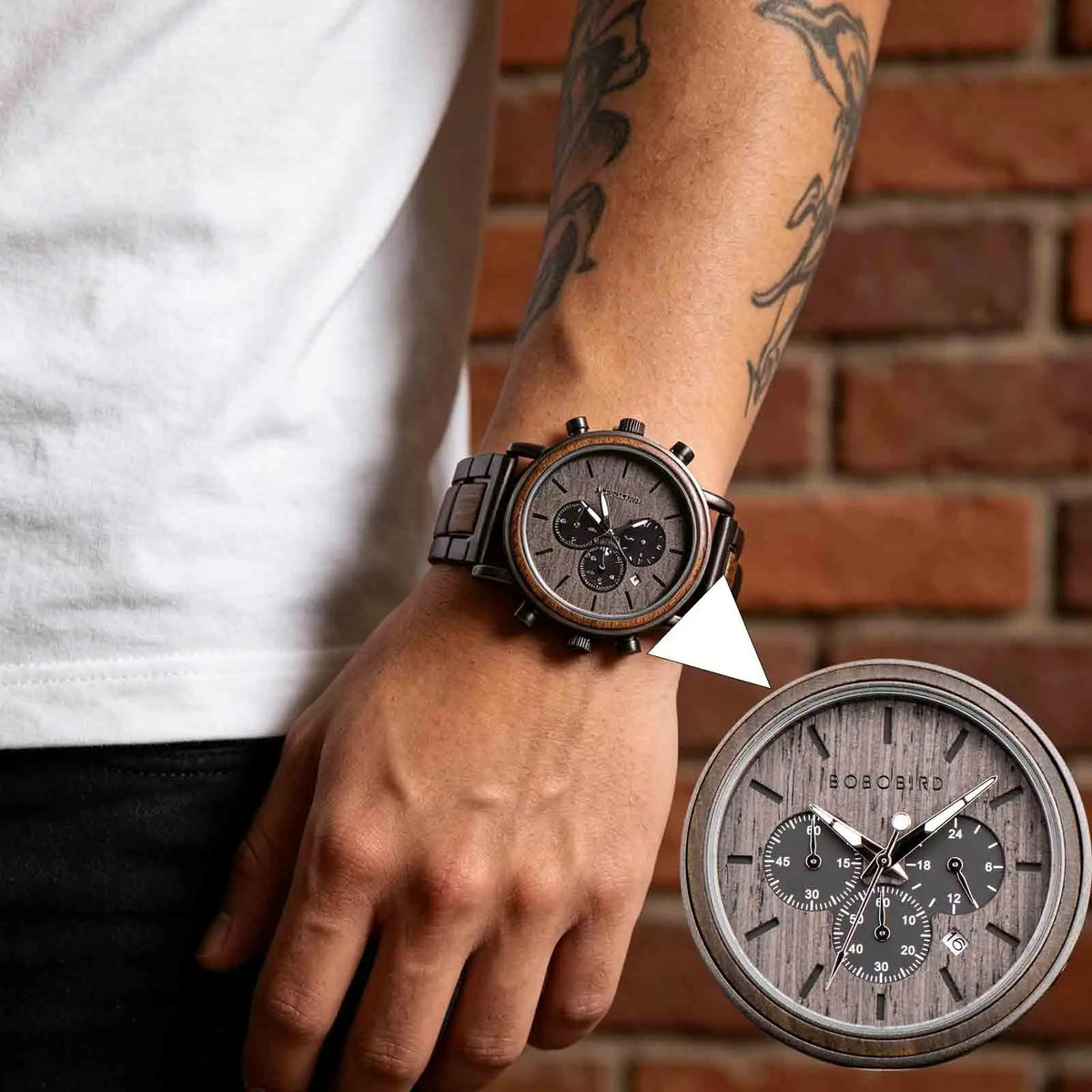 Emibele Wooden Watch for Men, Date Display Chronograph Quartz Wrist Watch, 3 Sub-dials Handmade Light Weight Luminous Watch