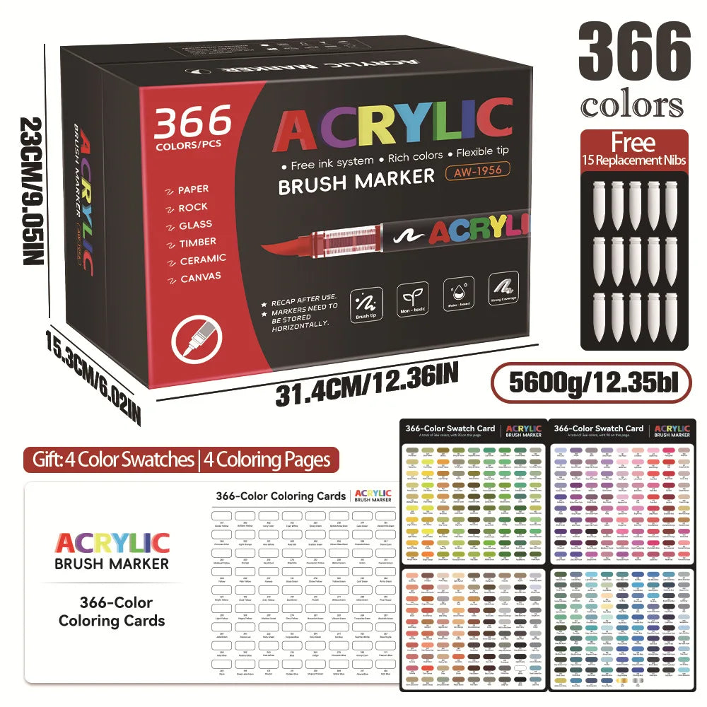 366 Colors Straight Liquid Acrylic Art Markers, Vivid Pigment, Paint Pens for Students, Artists & Hand-Painting Projects