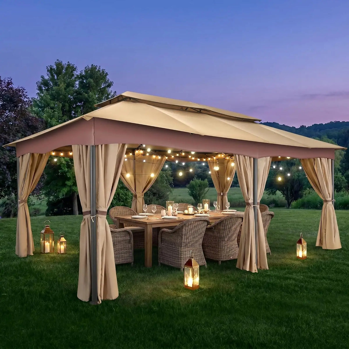 Tooluck Outdoor Gazebo With Curtains And Ventilated Double Roof